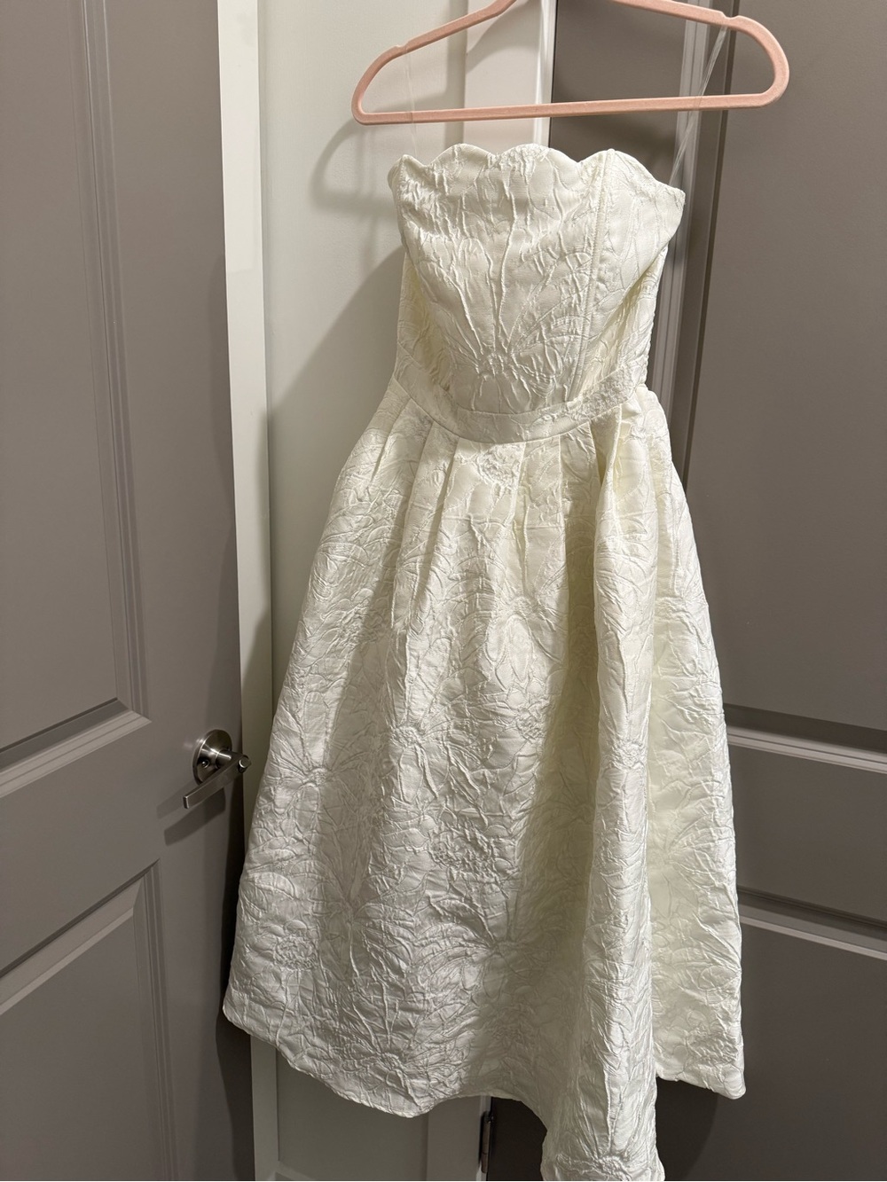 Mint Strapless Ivory Textured A-Line Formal Dress with Scalloped Bodice